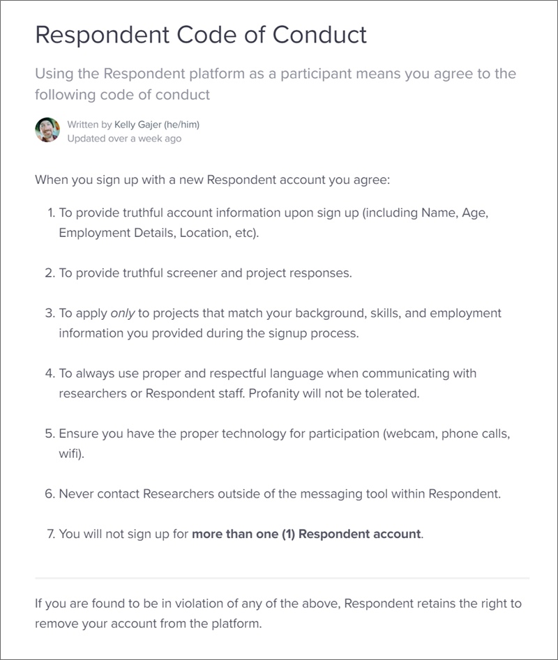 respondent participant code of conduct