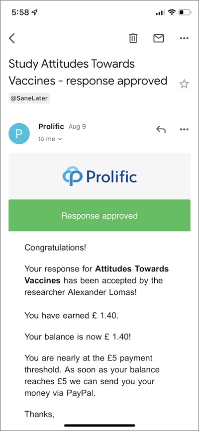 prolific response approved