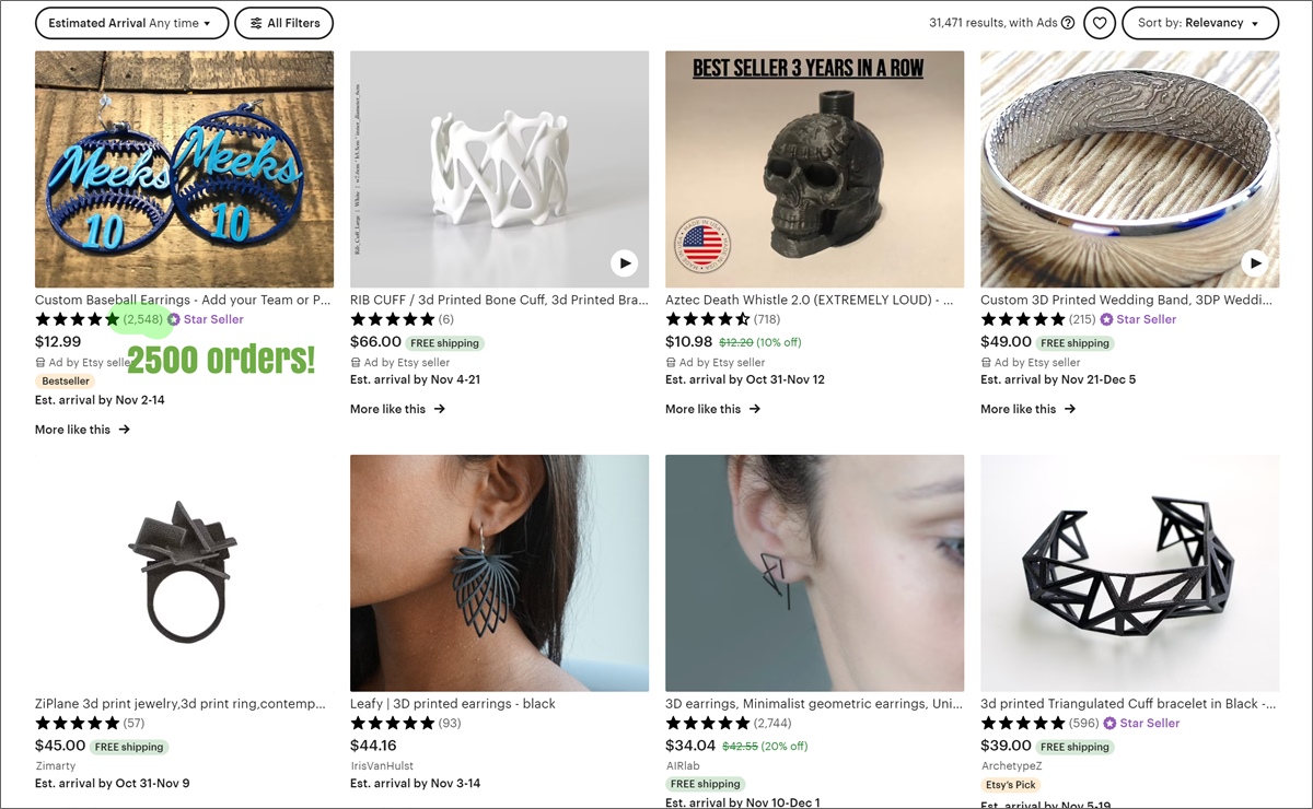 3d printed jewelry on etsy