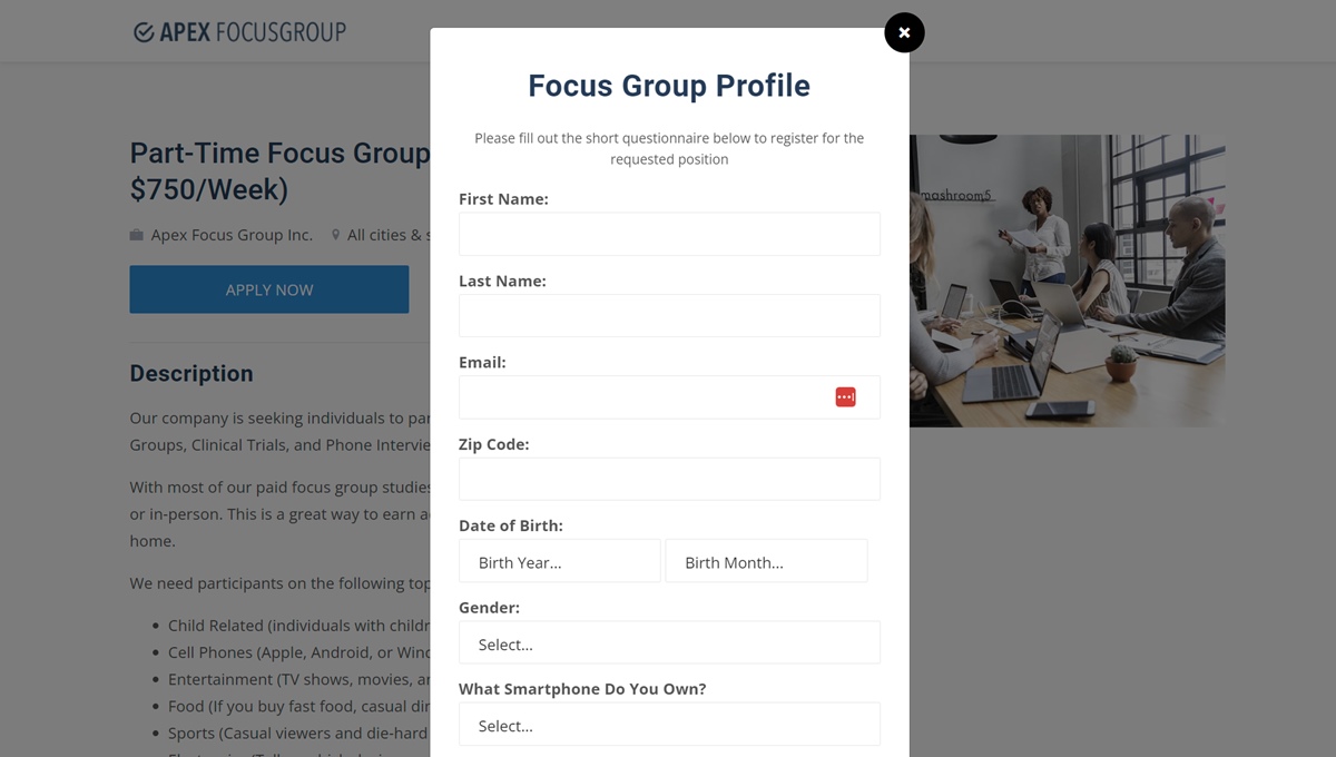 apex focus group sign-up form