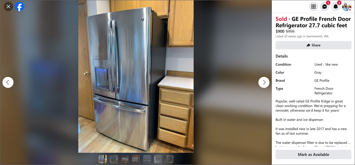 my GE fridge listing on FB marketplace