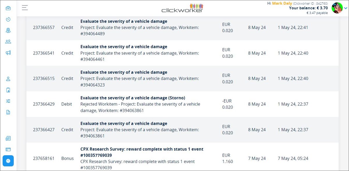 Clickworker Account Page Showing Payments