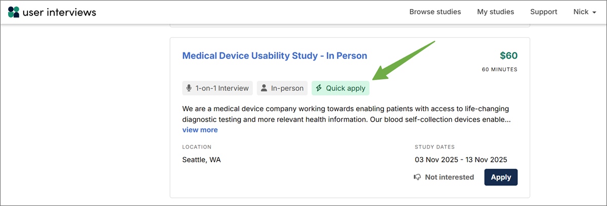 user interviews quick apply