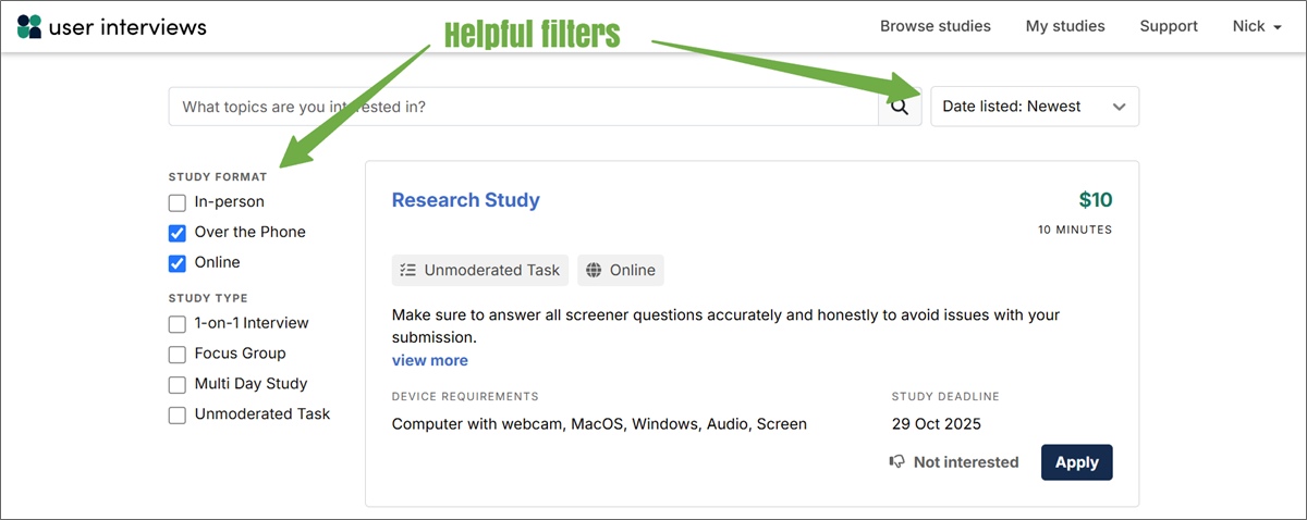 user interviews study filters