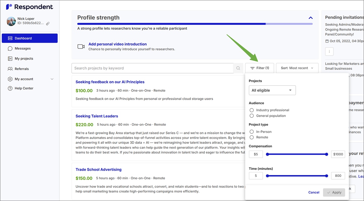 respondent study filters